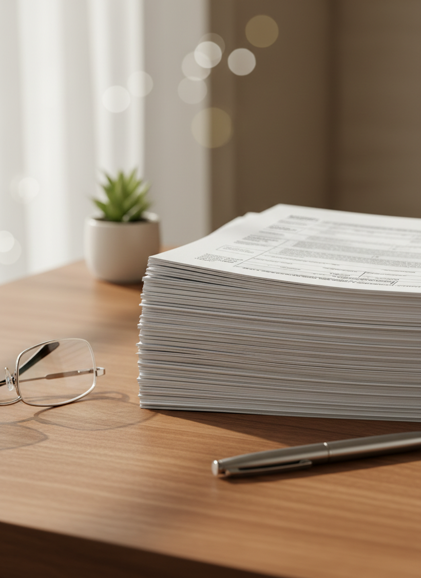 Professional tax documents on desk with reading glasses and pen
